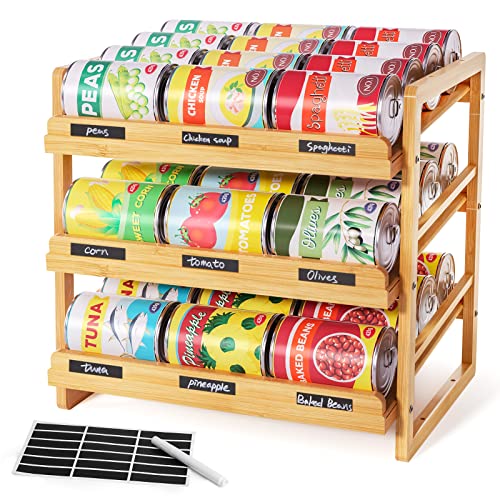 Yumkfoi Bamboo Can Organizer for Pantry, 3 Tier Stackable Can Storage Organizer Pantry with Label Sticker and Marker Pen, Can Holders for Cabinet and Can Rack Organizer (Natural Bamboo) - style: For 36 cans with three tiers design