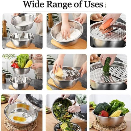 Germany Multifunctional Stainless Steel Basin,Multifunction Stainless Steel Basin with Grater 3 in 1 Vegetable Cutter for Kitchen, Vegetable Slicer Grater Strainer and Drain Basket(10.2)
