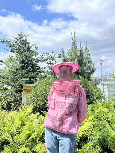 Beekeeping Jacket with Veil 3-Layer Ultra Ventilated Veil Round) YKK Zippers Full Protection Suit Carrying Bag (BP-302-Pink)-M - color: Pink Round, size: Medium