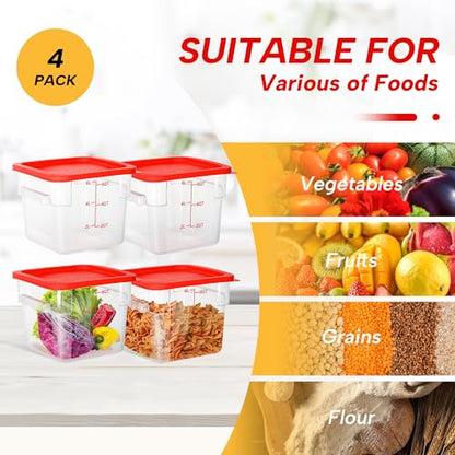 4 Pack 6QT Square Food Storage Containers with Lids | Clear NSF polycarbonate containers with scale, label and measuring cup, stackable for prep, storage, freezer. Dishwasher safe - color: 6Qt