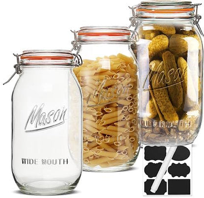 Half Gallon Mason Jars 64 oz Wide Mouth 3 Pack, Airtight Hinged Lid, BPA Free, Dishwasher Safe, for Canning, Pickling, Fermenting, Kitchen Storage, Coffee