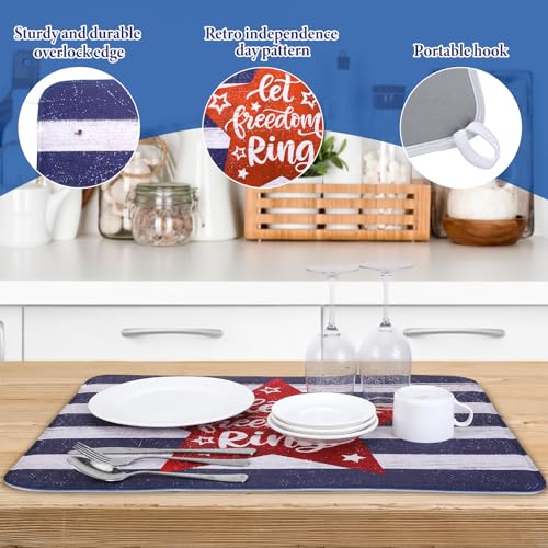 SiliFine 2 Pcs 4th of July Dish Drying Mat for Kitchen 18 x 24 Inch 250th Anniversary Patriotic Red White Blue Memorial Independence Day Star Microfiber American Flag Dish Drainer Mat for Countertop - style: Independence Day