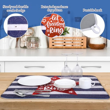 SiliFine 2 Pcs 4th of July Dish Drying Mat for Kitchen 18 x 24 Inch 250th Anniversary Patriotic Red White Blue Memorial Independence Day Star Microfiber American Flag Dish Drainer Mat for Countertop - style: Independence Day