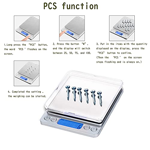 Small Digital Scale,3kg/0.1g,6.6lb,Kitchen Scale,Food Scale,with Blue Backlit LCD Display, 6 Units, Auto Off, Tare, PCS Function, Stainless Steel, Battery Included