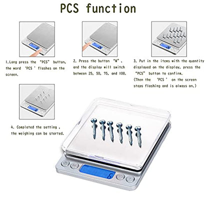 Small Digital Scale,3kg/0.1g,6.6lb,Kitchen Scale,Food Scale,with Blue Backlit LCD Display, 6 Units, Auto Off, Tare, PCS Function, Stainless Steel, Battery Included