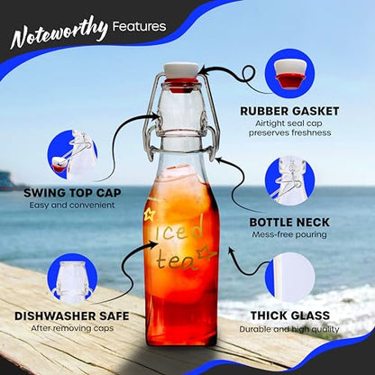 Nevlers 8.5 Oz Square Swing Top Glass Bottles with Stoppers 6 Pack | Flip Top Glass Bottle with Lid | Liquor Bottle Set w/ Funnel, Brush & Marker | Dressing & Homemade Vanilla Extract Bottles - style: Square - 6 Pack