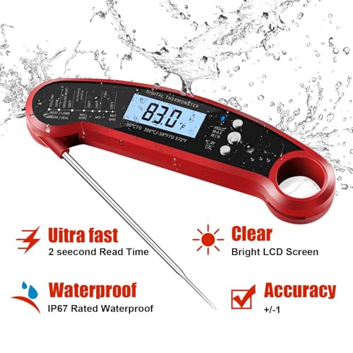 Digital Instant Read Food Thermometer with Backlight, LCD Display, Calibration Function, Built-in Bottle Opener for Grilling, BBQ, Turkey, Candy, Liquid Temperature Measurement, Red - color: Red