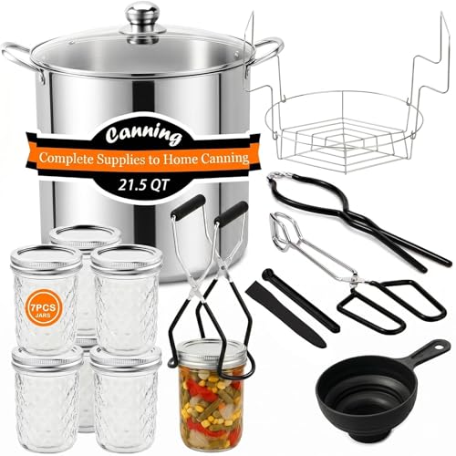 Canning Supplies Kits with 21.5 Qt Canning Pot, 7pcs Mason Jars, Tongs, Stainless Steel Jar Rack, Funnel, Lid Lifter Water Bath Canner Tool Set - color: Canning supplies with pot