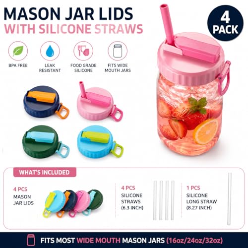 ORIGINAL CREATOR - DIPESI 4 Pack Wide Mouth Mason Jar Drinking Lids, Leak-Proof Covers for Drinking or Storage, Mason Jar Lids with Straw Fits Mason Jars