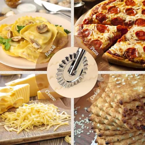Pastry Cutter Wheel, Crinkle Wheel with Beech Wood Handle | 304 stainless steel crinkle blade, beech wood handle, multi-use for pizza pasta pastry cookie ravioli, 5 variants - color: Pastry Cutter Double Wheel