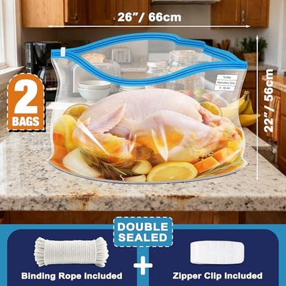 Jiuge Turkey Brine Bag, Large Bring Bags for Turkey with Zippers and Strings for Marinade Meat, Catfish, 26” x 22”, 2 Pack