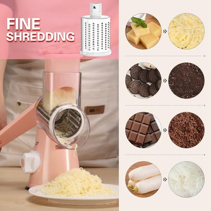 Cambom Rotary Cheese Grater Hand Crank Cheese Shredder for Fresh Cheese, Vegetable, Nuts,Non-slip Suction Base，Three Blades,Pink - color: Pink, size: 3 BLADES