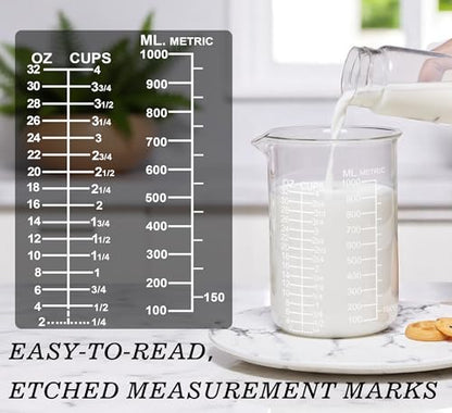 Ackers Etched Graduated Glass Measuring Cup - V-Shaped Spout- High Borosilicate Glass Measuring Cup for Kitchen or Dining, Easy to Read,1000 ML (32 Oz, 4 Cup) - size: 1000 ML (32 OZ, 4 Cup)