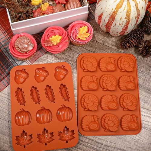 Webake The Original Thanksgiving Silicone Molds with Turkey, Pumpkin, Fall Leaf, Acorn Shapes, 2 Pack Turkey Mold for Candy, Cupcake Decorations, Thanksgiving, Halloween Fall Harvest Baking - style: Turkey