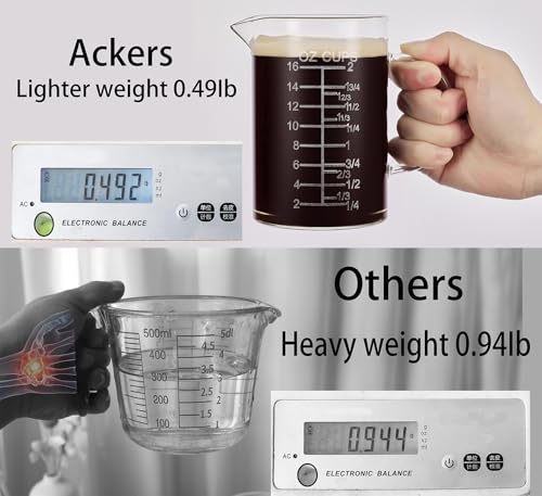 Ackers Etched Graduated Glass Measuring Cup - [Insulated Handle | V-Shaped Spout] - High Borosilicate Glass Measuring Cup for Kitchen or Dining, Easy to Read, 500 ML (16 Oz, 2 Cup) - size: 500 ML (16 Oz, 2 Cup) - Etched Graduated