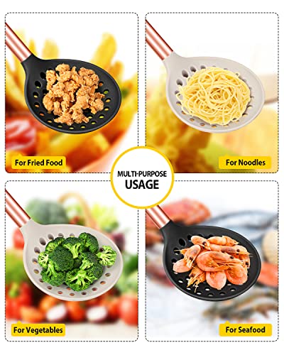 Kitchen Ladle Strainer Set of 2 Large Slotted Spoon with High Heat Resistant BPA Free Non Stick Cooking Skimmers For Draining and Frying - color: Rose Gold Black and Khaki