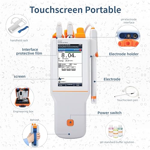 PH310T pH Meter Digital Touchscreen Portable IP65 Waterproof ±0.01pH Accuracy Slope Diagnosis 1000 Sets Storage for Drinking Water Pool Aquarium Lab Testing - style: Touchscreen Field Model