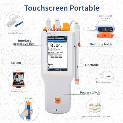 PH310T pH Meter Digital Touchscreen Portable IP65 Waterproof ±0.01pH Accuracy Slope Diagnosis 1000 Sets Storage for Drinking Water Pool Aquarium Lab Testing - style: Touchscreen Field Model