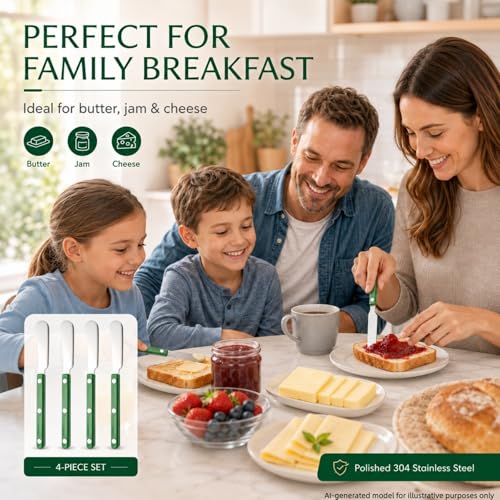 4PCS Stainless Steel Butter Knives Set: 6.3 Inch Cheese Spreader 304 Stainless Steel with Ergonomic Handle for Cheese, Butter & Jam (green) - color: green