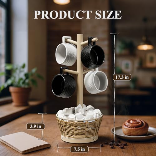 Wood Mug Holder Tree with Woven Basket, 4 Hooks Coffee Mug Holder, Countertop Mug Tree for Kitchen Counter Cabinet Coffee Bar Accessories Cup Display Organizer Hanger(Brown) - color: Brown