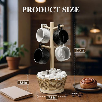 Wood Mug Holder Tree with Woven Basket, 4 Hooks Coffee Mug Holder, Countertop Mug Tree for Kitchen Counter Cabinet Coffee Bar Accessories Cup Display Organizer Hanger(Brown) - color: Brown