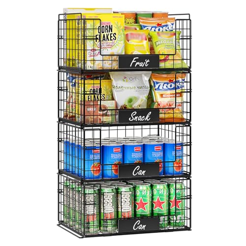 JKsmart 4 Pack XXL Stackable Wire Baskets with Handles for Pantry Storage and Organization,Fruit and Vegetable Basket with Name Plates,Metal Storage Bins for Snack Can Fruit Veggies - size: XXL-16.34"x12.01"x31.48"