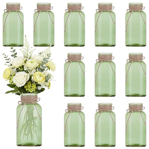Vintage Glass Flower Vase, Farmhouse Glass Centerpiece Vases Mason Jars for Weddings, Parties & Home Decor Bulk (12, Green) - color: Green