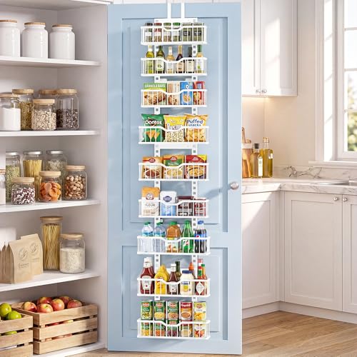 EVERIE Over the Door Pantry Organizer, 9-Tier Heavy Duty Door Storage Rack with Solid Bottom Baskets, Stable No-Bumping Design, Adjustable Hanging Shelves for Kitchen Pantry - color: White