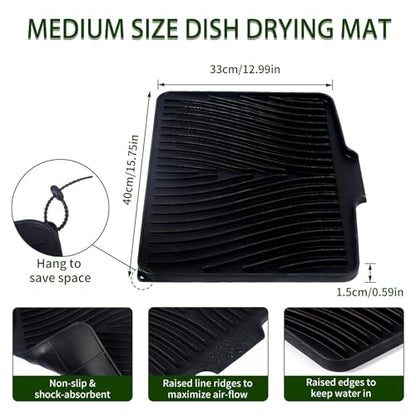 Silicone Dish Drying Mat 16x13,Food-Grade Silicone,Easy Clean Pad for Countertop Protection,Heat Resistant,Easy Clean,Non-Slip Drain Pad with Built-in Drain,Multi-Functional Use,Black - color: Black, size: 16" x 13"
