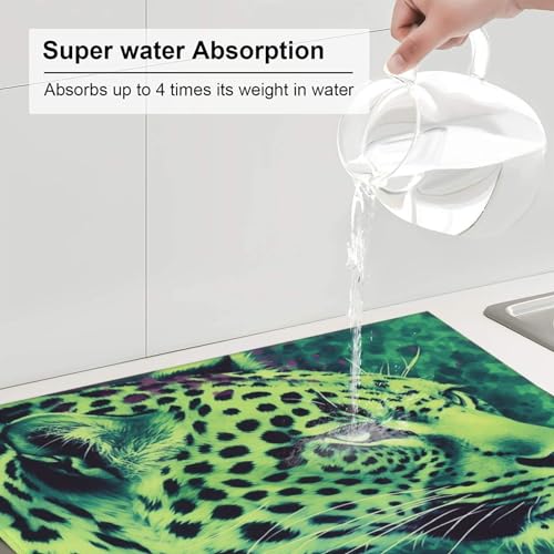 Green Leopard Print Dish Drying Mat for Kitchen Counter Ultra Absorbent Microfiber Dishes Drainer Mats Washable Drying Pads for Sinks 16 x 18 In - color: Green Leopard