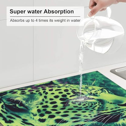 Green Leopard Print Dish Drying Mat for Kitchen Counter Ultra Absorbent Microfiber Dishes Drainer Mats Washable Drying Pads for Sinks 16 x 18 In - color: Green Leopard