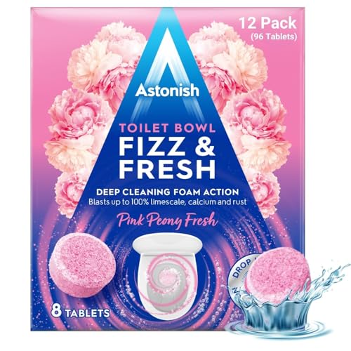 Astonish Foaming Pink Peony Toilet Bowl Cleaner 2 Pack - Deep Cleaning Limescale, Calcium & Rust - No Bottle, Removes Hard Stains (12 Boxes, 96 Tablets) - size: 8 Count (Pack of 12)