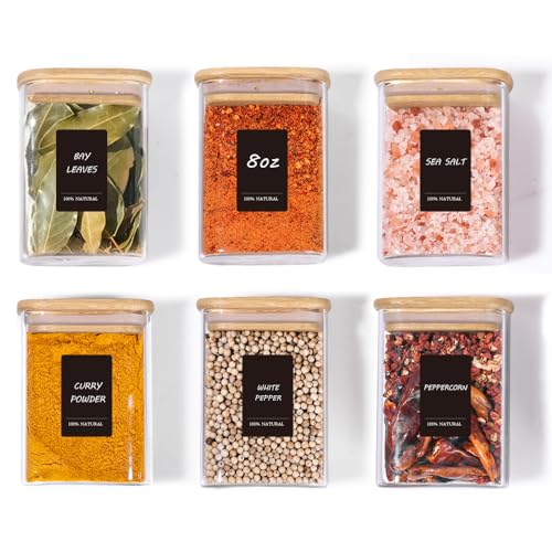 Comsaf Spice Jars with Label，8 oz Small Glass Jars with Lids, 6 Pcs Seasoning Containers, Rectangle Glass Containers with Lids, Empty Seasoning Jars for Pantry Storage, Loose Tea, Herbs, Powders, Salt - size: 8oz-6Pcs