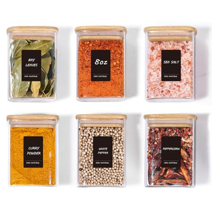 Comsaf Spice Jars with Label，8 oz Small Glass Jars with Lids, 6 Pcs Seasoning Containers, Rectangle Glass Containers with Lids, Empty Seasoning Jars for Pantry Storage, Loose Tea, Herbs, Powders, Salt - size: 8oz-6Pcs