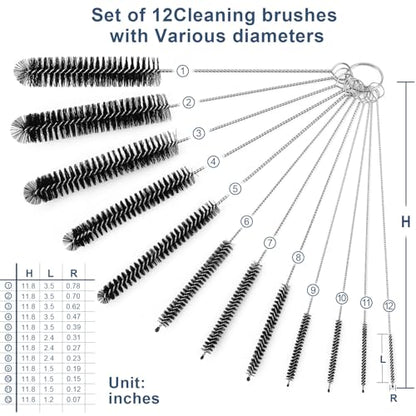 Ixiaoyoo Straw Cleaner Brush Set, 12 Pieces Botthle Cleaning Brush and Nylon Tube Brush Brush, 11.8 Inch Long Cleaning Brush Kit for Water Bottle, Straws on Tumbler, Sippy Cup, Tea Pot Spout | Black Straw Cleaner Brushes for Tumbler, Sippy Cup, Water Bott