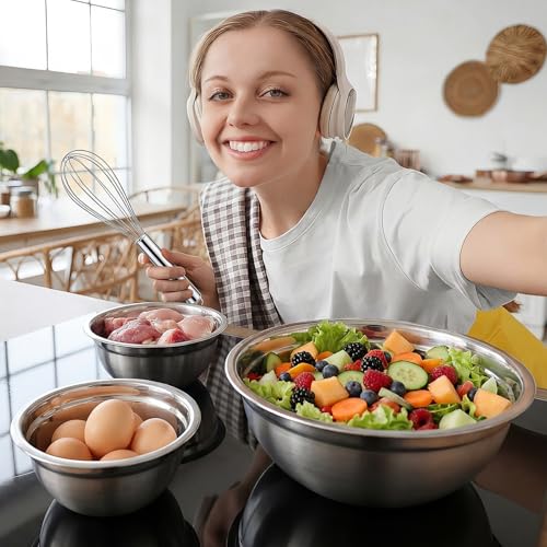 18 Pack Stainless Steel Mixing Bowls with Lids Set Includes Stainless Steel Measuring Cups and Spoons Wire Balloon Whisk Silicone Spatulas Suitable for Kitchen Cooking Baking(Khaki) - color: Khaki
