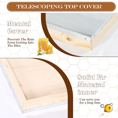 Colingmill 1pcs Mental Telescoping Hive Cover and 1pcs Beehive Inner Cover with 1pcs Feeding Jar Lids for 10 Frame Bee Hive, Beehive Part for Beekeeping Tool