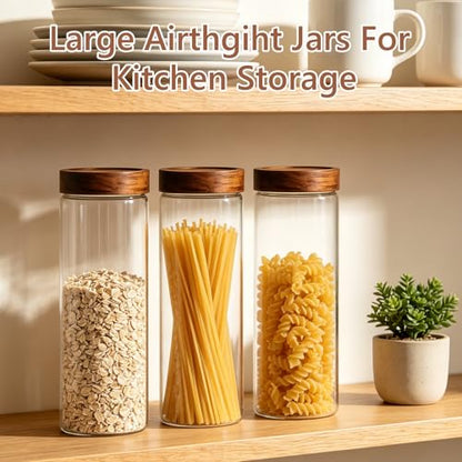 KEYWING 64 fl.oz Pasta Containers Set of 3, Glass Spaghetti Container Storage with Airtight Acacia Wood Lid, Tall Food Storage Jars, Clear Pantry Organizers for Cereal, Bread-sticks, Noodles - size: 64 Fl.oz
