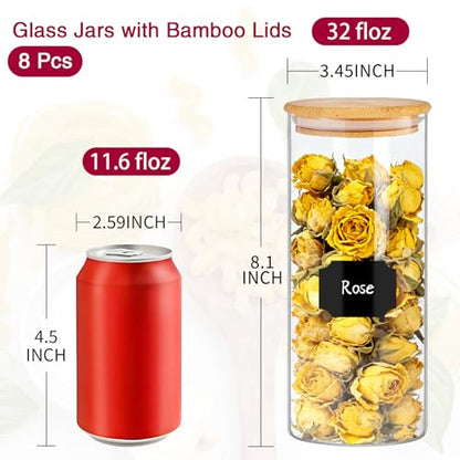 BGraceyy 32 oz 8 Pcs Glass Jars with Bamboo Lids, Stackable Clear Food Storage Jars, Airtight Kichen Glass Pantry Storage Containers with Lids for Rice, Candy, Sugar, Flour, Nuts, Cookie, Coffee Bean - size: 32 oz 8 pcs