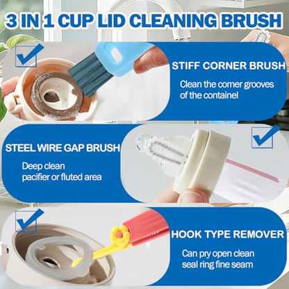 3 in 1 Cup Lid Cleaning Brush, 4PCS Multifunctional Crevice Cleaning Brush for Water Bottle Insulated Cup Tumbler Lid Groove Narrow Space Detail Cleaner Home Kitchen Gadgets - color: Red, Blue, White, Orange(flower)