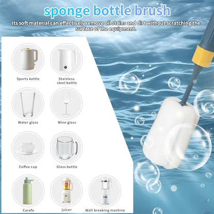 2-Pack Adjustable 12.9" Sponge Bottle Brushes Cleaning Set | High Density Foam Bottle Brush Head Hanging Design with 4 Traceless Hooks Bottle Brush Cleaner for Water Bottle