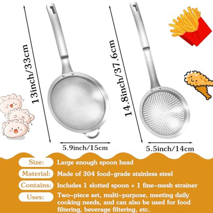 2 Pieces Spider Strainer Skimmer Spoon Set, Fine Mesh Stainless Steel Metal With HoleSieve Food Strainer Grease Spider Skimmer, Large Hole Slotted Colander Frying Spoons Set With Handle for Cooking
