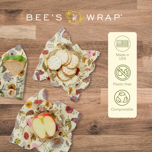 Bee's Wrap Beeswax Wraps for Food - 3 Pack of Medium Beeswax Wraps - Plastic Free Made in USA Reusable Natural Food Wrap - Meadow Magic Print - style: Meadow Magic Medium 3 Pack