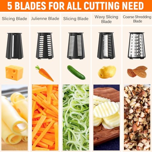 Rotary Cheese Grater Hand Crank, 5-in-1 Vegetable Shredder Chopper Spiralizer Slicer with 5 Interchangeable Blades for Vegetable, Cheese, Fruit, with Blades Storage Box & Stable Suction Base (Black) - color: Black