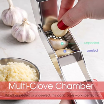 Garlic Press Heavy Duty Mincer and Peeler Set, Rust Proof 304 Stainless Steel Garlic Crusher, Easy-Squeeze Nut Ginger Chopper, Dishwasher Safe Kitchen Gadget - color: Blue