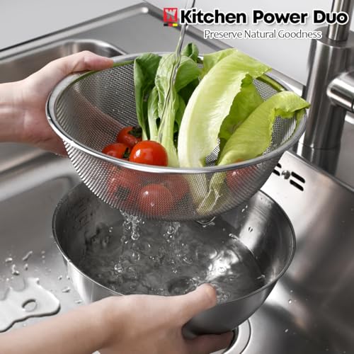WAGENSTEIGER Stainless Steel Mixing Bowl and 3-Legged Colander Set, Multipurpose Kitchen Basket with Fine Mesh Colander, Salad Mixing Bowl with Strainer, Rinsing Vegetables & Fruits (22cm / 8.66") - size: 8.66 inches