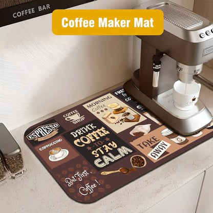 Retro Coffee Pattern Drying Mat 12" x 19", Non-Slip Absorbent Quick-Dry Mat, Protects Countertops from Spills Stains for Coffee Makers Espresso Machines - color: Coffee