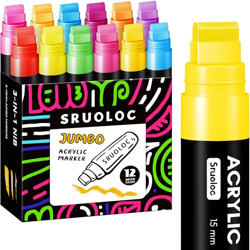 SRUOLOC 12 Neon Colors Jumbo Markers, 15mm Jumbo Felt Tip, Acrylic Paint Markers for Rock Painting, Poster, Stone, Ceramic, Glass, Wood, Canvas - color: Neon