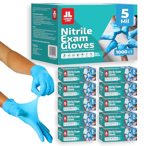 London Labs Sky Blue 5 Mil Nitrile Exam Gloves Disposable Latex Free | Medical Rubber Gloves for Doctors, EMT, First Aid Kit, Food Service & Cleaning | Bulk Nitrile for Mechanics (1000 CT) - Small - size: Small, style: Sky Blue - 1000 Count