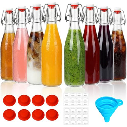 8 Pack 12oz Glass Swing Top Bottles with Airtight Lids | Grolsch Style Flip Top Caps & Rubber Seals for Home Brewing Beer, Kombucha, Kefir, Iced Tea, Juice, Oil & Vinegar Storage